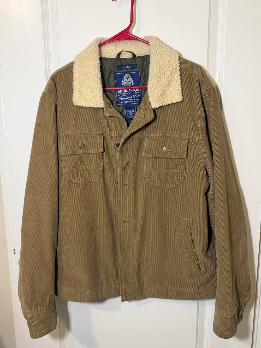 American Rag Men's Tan Corduroy Jacket with Cream Sherpa Collar